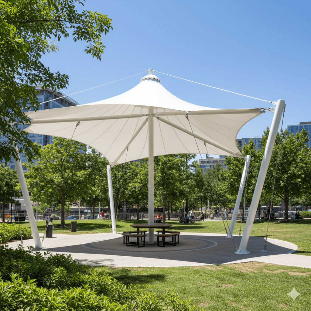 Geminigeneratedimage8fwm1d8fwm1d8fwm archilexis | premium tensile structure manufacturer Circular Park Pavilion with a White Tensile sail Canopy and a Picnic Table Beneath Surrounded by Green Trees and a Sunny Urban Backdrop