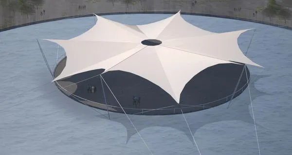 Floating Circular Platform Topped by a White Tensile Canopy Anchored by Cables over a Pool