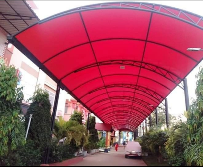Weatherproof tensile walkway structure covering for outdoor pathways