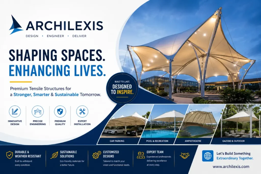Archilexis Banner Slogan'Shaping spaces. Enhancing lives.' with curved white and blue design and a tensile structure canopy in daytime.
