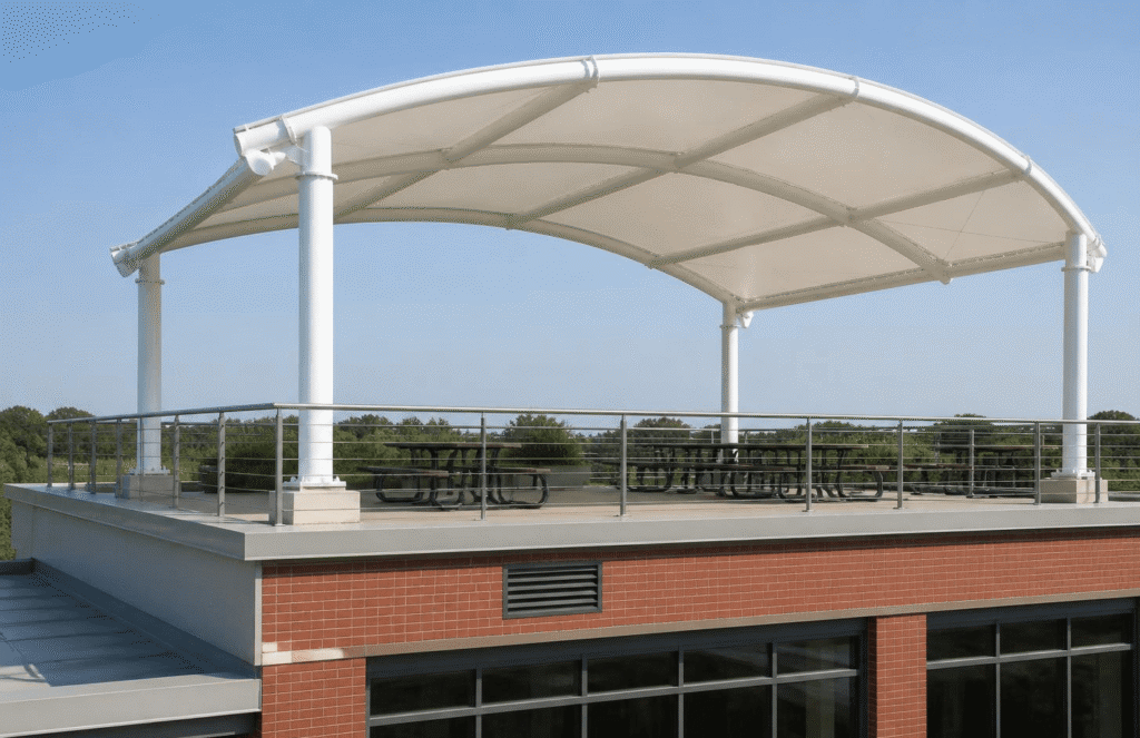 White curved canopy pavilion on a rooftop terrace with picnic tables and metal railing overlooking trees.